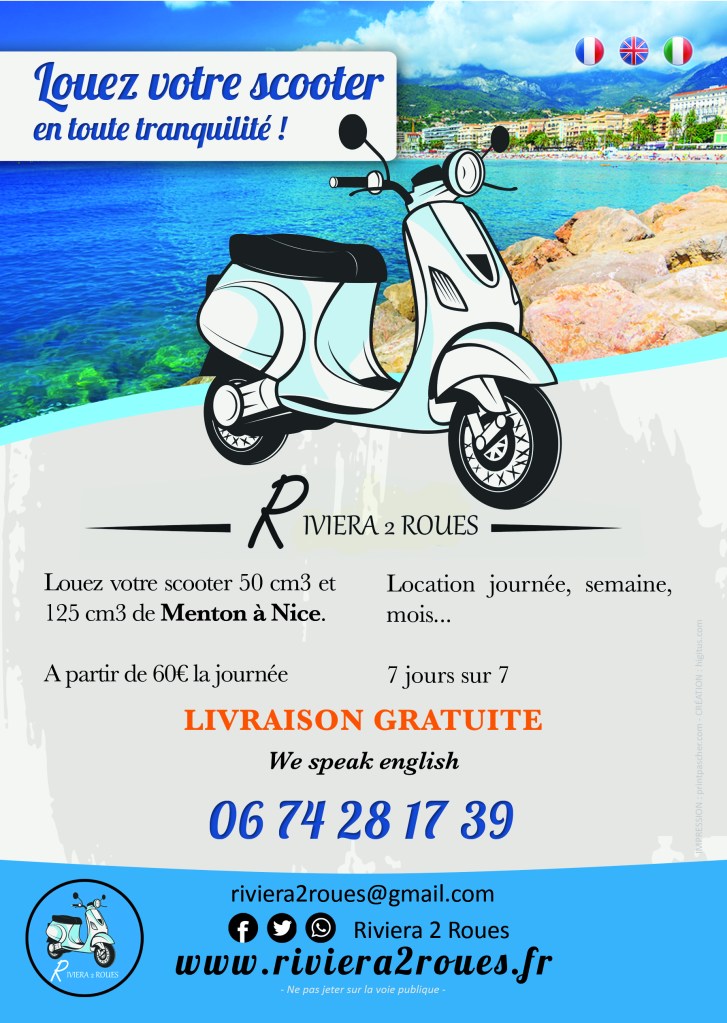 RIVIERA 2 ROUES : Depuis 25 ans, la société est spécialiste en location de scooters 50cm3 et 125cm3 sur les villes de Menton, Roquebrune-Cap-Martin, Sospel, Castellar, Castillon, Moulinet, La Turbie, Cap d’Ail, Eze, Beaulieu sur Mer, Saint-Jean-Cap-Ferrat, Nice et la Principauté de Monaco.